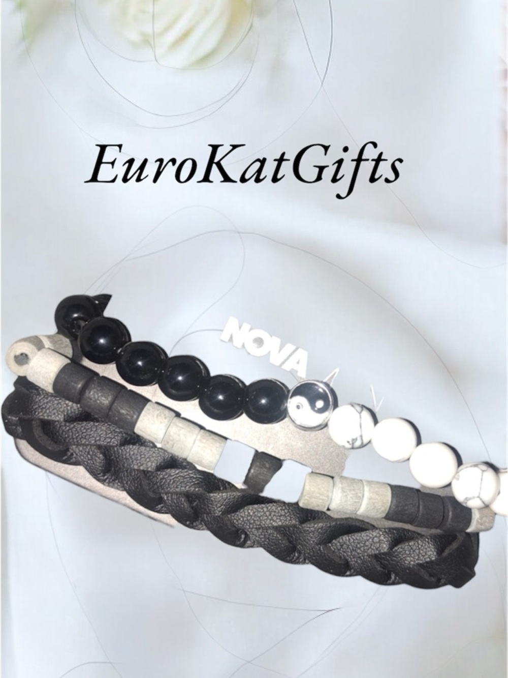 NOVA Men’s Black & White Beaded and Braided Bracelet Set NEW NWT